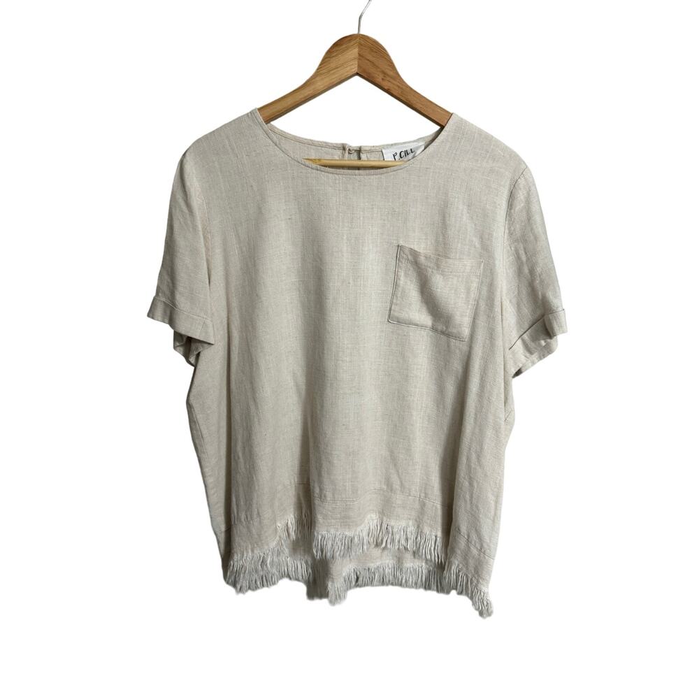 Light Beige Fringe Hem Linen Top - Casual Women’s Blouse
